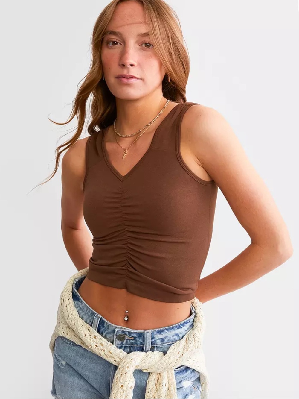 Ruched V-Neck Brown Crop Tank — Women’s Slim Fit Tank